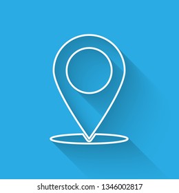 White Map pin icon isolated with long shadow. Pointer symbol. Location sign. Navigation map, gps, direction, place, compass, contact, search concept. Vector Illustration