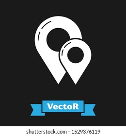 White Map pin icon isolated on black background. Navigation, pointer, location, map, gps, direction, place, compass, contact, search concept.  Vector Illustration