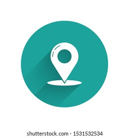 White Map pin icon isolated with long shadow. Navigation, pointer, location, map, gps, direction, place, compass, contact, search concept. Green circle button. Vector Illustration