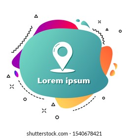 White Map pin icon isolated on white background. Navigation, pointer, location, map, gps, direction, place, compass, contact, search concept. Abstract banner with liquid shapes. Vector Illustration