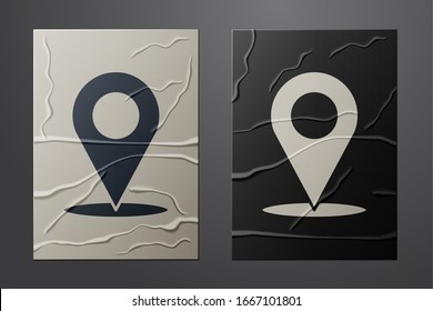 White Map pin icon isolated on crumpled paper background. Navigation, pointer, location, map, gps, direction, place, compass, search concept. Paper art style. Vector Illustration