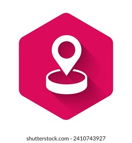 White Map pin icon isolated with long shadow background. Navigation, pointer, location, map, gps, direction, place, compass, search concept. Pink hexagon button. Vector