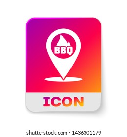 White Map pointer with barbecue icon isolated on white background. Fire flame icon. Barbecue and BBQ grill symbol. Rectangle color button. Vector Illustration