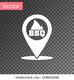 White Map pointer with barbecue icon isolated on transparent background. Fire flame icon. Barbecue and BBQ grill symbol. Vector Illustration