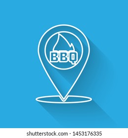 White Map pointer with barbecue line icon isolated with long shadow. Fire flame icon. Barbecue and BBQ grill symbol. Vector Illustration
