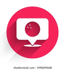 White Map pointer with bowling ball icon isolated with long shadow. Sport equipment. Red circle button. Vector