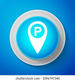 White Map pointer with car parking sign isolated on blue background. Circle blue button with white line. Vector Illustration