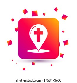 White Map pointer with christian cross icon isolated on white background. Square color button. Vector Illustration