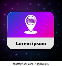 White Map pointer with Coliseum in Rome, Italy icon isolated on black background. Colosseum sign. Symbol of Ancient Rome, gladiator fights. Rectangle color button. Vector Illustration