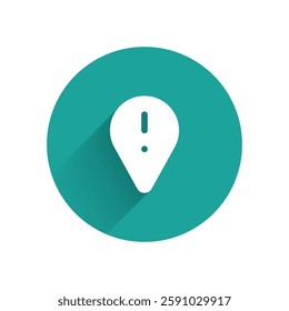 White Map pointer with exclamation mark icon isolated with long shadow background. Hazard warning sign, careful, attention, danger warning important sign. Green circle button. Vector