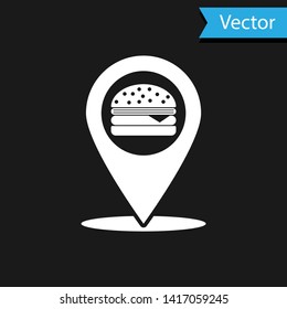 White Map pointer with fast food burger icon isolated on black background. Vector Illustration