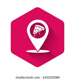 White Map pointer with fast food slice pizza icon isolated with long shadow. Pizzeria location icon. Pizza cafe and restaurant marker. Pink hexagon button. Vector Illustration