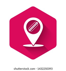 White Map pointer with fast food hotdog icon isolated with long shadow. Sausage icon. Pink hexagon button. Vector Illustration
