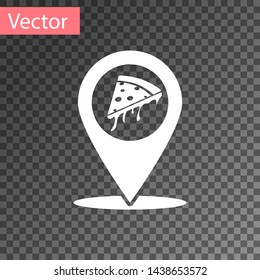 White Map pointer with fast food slice pizza icon isolated on transparent background. Pizzeria location icon. Pizza cafe and restaurant marker. Vector Illustration