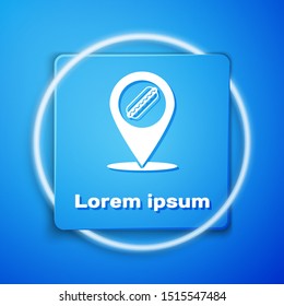 White Map pointer with fast food hotdog icon isolated on blue background. Sausage icon. Blue square button. Vector Illustration