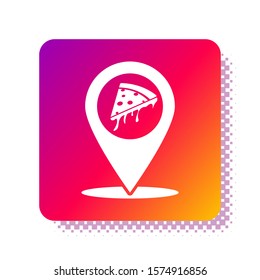 White Map pointer with fast food slice pizza icon isolated on white background. Pizzeria location icon. Pizza cafe and restaurant marker. Square color button. Vector Illustration