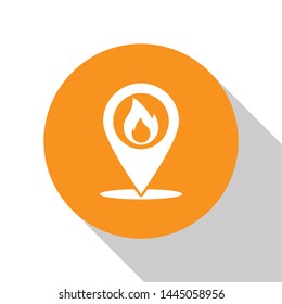 White Map pointer with fire flame icon isolated on white background. Fire nearby. Orange circle button. Vector Illustration