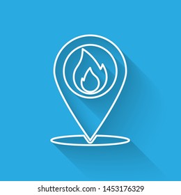 White Map pointer with fire flame line icon isolated with long shadow. Fire nearby. Vector Illustration