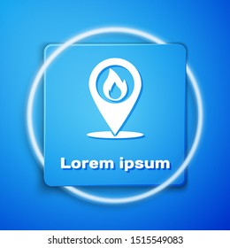 White Map pointer with fire flame icon isolated on blue background. Fire nearby. Blue square button. Vector Illustration