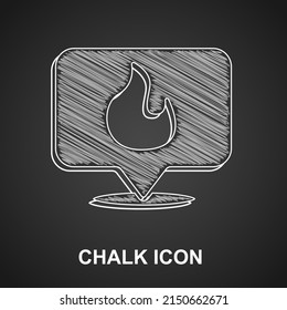 White Map pointer with fire flame icon isolated on crumpled paper background. Fire nearby. Paper art style. Vector