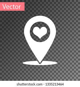 White Map pointer with heart icon isolated on transparent background. Vector Illustration