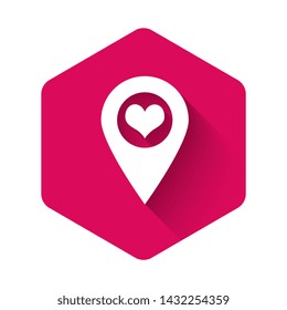White Map pointer with heart icon isolated with long shadow. Pink hexagon button. Vector Illustration