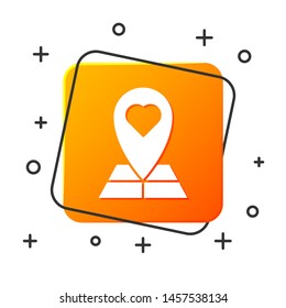 White Map pointer with heart icon isolated on white background. Valentines day. Love location. Romantic map pin. Orange square button. Vector Illustration