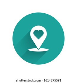 White Map pointer with heart icon isolated with long shadow. Valentines day. Love location. Romantic map pin. Green circle button. Vector Illustration