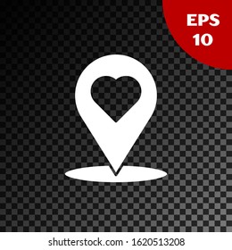 White Map pointer with heart icon isolated on transparent dark background. Valentines day. Love location. Romantic map pin.  Vector Illustration