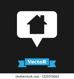 White Map pointer with house icon isolated on black background. Home location marker symbol.  Vector Illustration