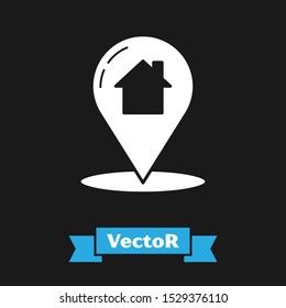 White Map pointer with house icon isolated on black background. Home location marker symbol.  Vector Illustration