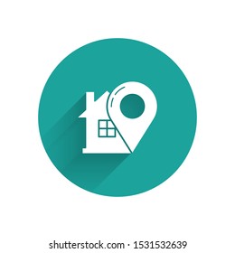 White Map pointer with house icon isolated with long shadow. Home location marker symbol. Green circle button. Vector Illustration