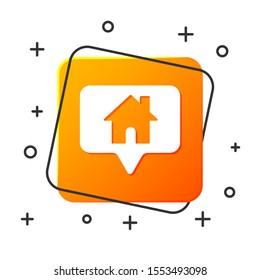 White Map pointer with house icon isolated on white background. Home location marker symbol. Orange square button. Vector Illustration