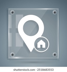 White Map pointer with house icon isolated on grey background. Home location marker symbol. Square glass panels. Vector
