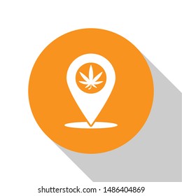 White Map pointer and marijuana or cannabis leaf icon isolated on white background. Hemp symbol. Orange circle button. Vector Illustration