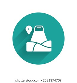 White Map pointer with mountain icon isolated with long shadow. Mountains travel icon. Green circle button. Vector