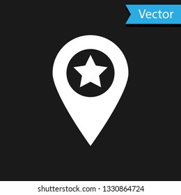 White Map pointer with star icon isolated on black background. Star favorite pin map icon. Map markers. Vector Illustration