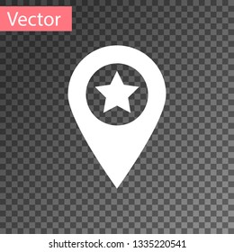 White Map pointer with star icon isolated on transparent background. Star favorite pin map icon. Map markers. Vector Illustration
