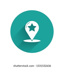 White Map pointer with star icon isolated with long shadow. Star favorite pin map icon. Map markers. Green circle button. Vector Illustration