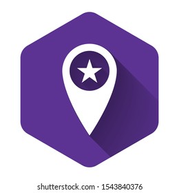 White Map pointer with star icon isolated with long shadow. Star favorite pin map icon. Map markers. Purple hexagon button. Vector Illustration