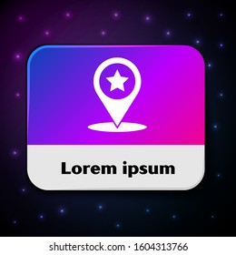 White Map pointer with star icon isolated on black background. Star favorite pin map icon. Map markers. Rectangle color button. Vector Illustration