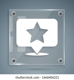 White Map pointer with star icon isolated on grey background. Star favorite pin map icon. Map markers. Square glass panels. Vector Illustration