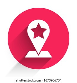 White Map pointer with star icon isolated with long shadow. Star favorite pin map icon. Map markers. Red circle button. Vector Illustration