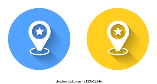 White Map pointer with star icon isolated with long shadow background. Star favorite pin map icon. Map markers. Circle button. Vector