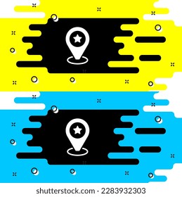 White Map pointer with star icon isolated on black background. Star favorite pin map icon. Map markers.  Vector