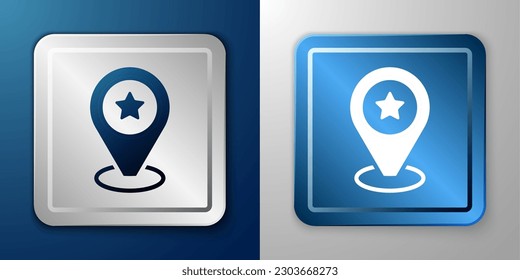White Map pointer with star icon isolated on blue and grey background. Star favorite pin map icon. Map markers. Silver and blue square button. Vector