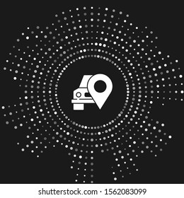 White Map pointer with taxi icon isolated on grey background. Location symbol. Abstract circle random dots. Vector Illustration