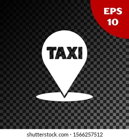 White Map pointer with taxi icon isolated on transparent dark background. Location symbol.  Vector Illustration
