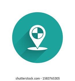 White Map pointer with taxi icon isolated with long shadow. Location symbol. Green circle button. Vector Illustration