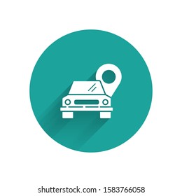 White Map pointer with taxi icon isolated with long shadow. Location symbol. Green circle button. Vector Illustration